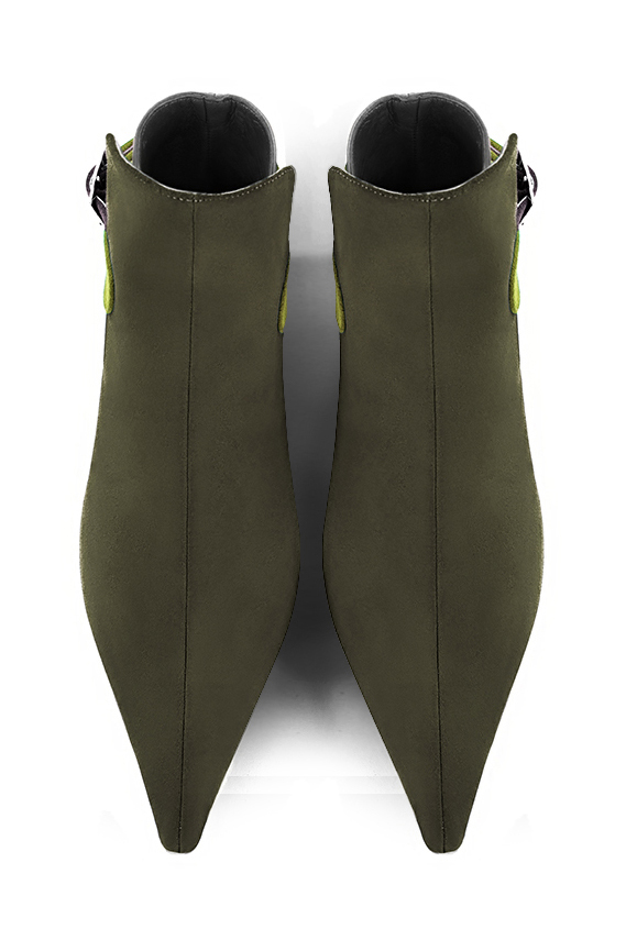 Khaki green and bronze beige women's ankle boots with buckles at the back. Pointed toe. Low flare heels. Top view - Florence KOOIJMAN